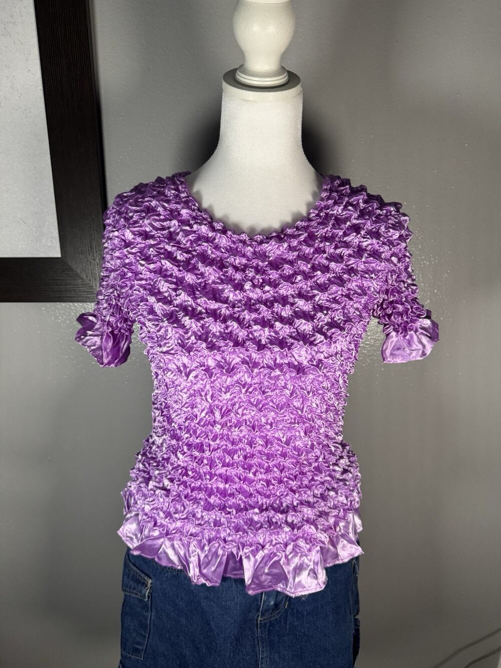Vintage Y2K Purple Stretchy Magic Bubble Shirt Popcorn Top One Size
